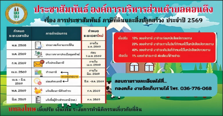 ประชาสัมพันธ์องค์การบริหารส่วนตำบล เรื่อง ภาษีที่ดินและสิ่งปลูกสร้าง ประจำปี ๒๕๖๙